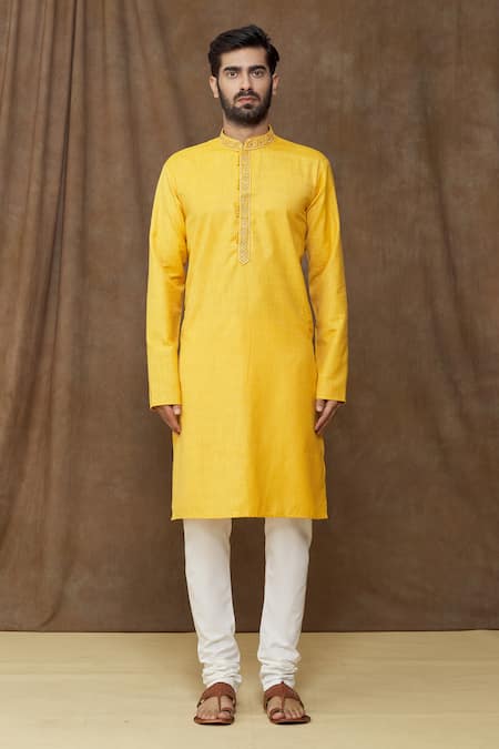 Samyukta Singhania Yellow Kurta Linen Cotton Plain Bright Thread Work Placket Set