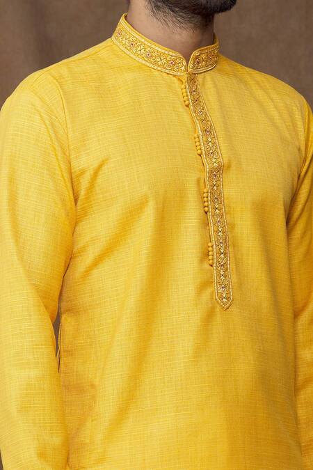Shop_Arihant Rai Sinha_Yellow Linen, Cotton Embroidery Bright Thread Work Placket Kurta_Online_at_Aza_Fashions