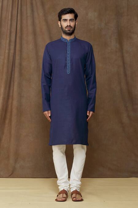 Arihant Rai Sinha_Blue Linen, Cotton Embroidery Floral Thread Work Placket Kurta_Online_at_Aza_Fashions