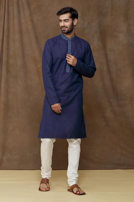 Buy_Arihant Rai Sinha_Blue Linen, Cotton Embroidery Floral Thread Work Placket Kurta_Online_at_Aza_Fashions