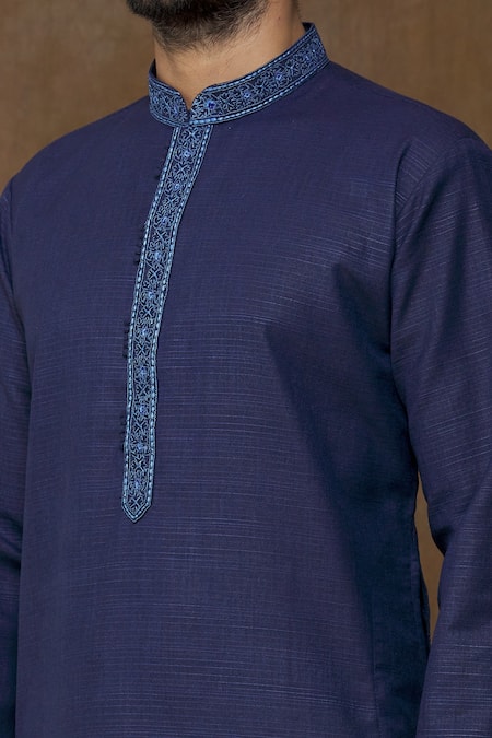 Shop_Arihant Rai Sinha_Blue Linen, Cotton Embroidery Floral Thread Work Placket Kurta_Online_at_Aza_Fashions