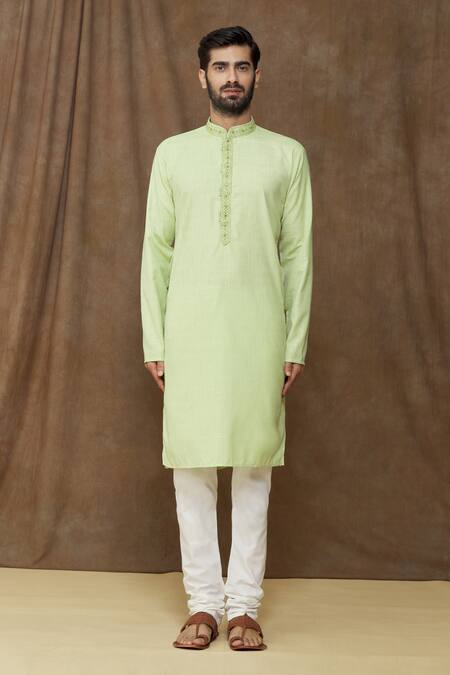 Arihant Rai Sinha Green Linen, Cotton Embroidery Floral Thread Placket Kurta Online at Aza Fashions Arihant Rai Sinha_Green Linen, Cotton Embroidery Floral Thread Placket Kurta _Online_at_Aza_Fashions