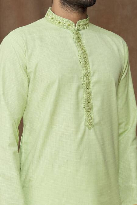 Shop Arihant Rai Sinha Green Linen, Cotton Embroidery Floral Thread Placket Kurta Online at Aza Fashions Shop_Arihant Rai Sinha_Green Linen, Cotton Embroidery Floral Thread Placket Kurta _Online_at_Aza_Fashions