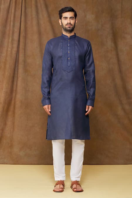 Arihant Rai Sinha Blue Linen, Cotton Embroidery Pintuck Bodice Full Sleeve Kurta Online at Aza Fashions Arihant Rai Sinha_Blue Linen, Cotton Embroidery Pintuck Bodice Full Sleeve Kurta _Online_at_Aza_Fashions