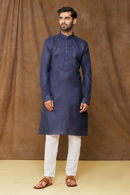 Buy Arihant Rai Sinha Blue Linen, Cotton Embroidery Pintuck Bodice Full Sleeve Kurta Online at Aza Fashions Buy_Arihant Rai Sinha_Blue Linen, Cotton Embroidery Pintuck Bodice Full Sleeve Kurta _Online_at_Aza_Fashions