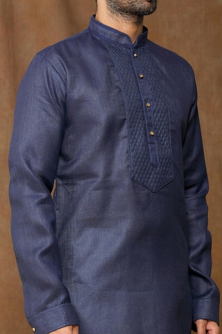 Shop Arihant Rai Sinha Blue Linen, Cotton Embroidery Pintuck Bodice Full Sleeve Kurta Online at Aza Fashions Shop_Arihant Rai Sinha_Blue Linen, Cotton Embroidery Pintuck Bodice Full Sleeve Kurta _Online_at_Aza_Fashions