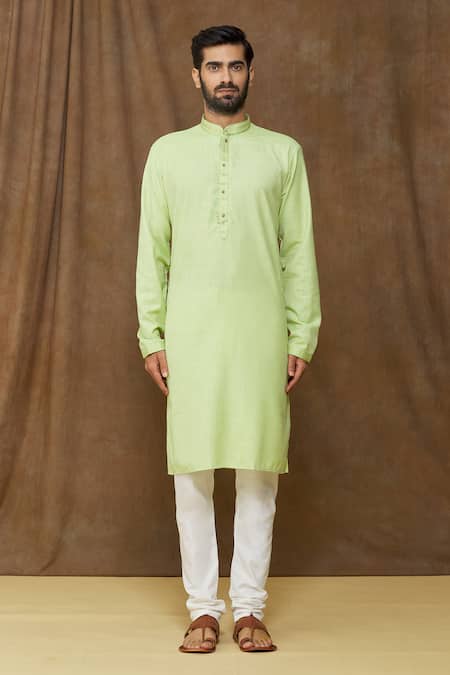 Arihant Rai Sinha Green Linen, Cotton Plain Kurta Online at Aza Fashions Arihant Rai Sinha_Green Linen, Cotton Plain Kurta _Online_at_Aza_Fashions