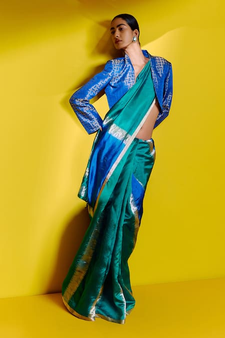 Ekaya Banaras Silk Linear Pattern Saree With Unstitched Blouse Piece 
