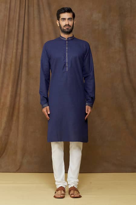 Arihant Rai Sinha_Blue Linen, Cotton Embroidery Dark Straight Kurta_Online_at_Aza_Fashions