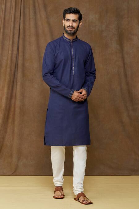 Buy_Arihant Rai Sinha_Blue Linen, Cotton Embroidery Dark Straight Kurta_Online_at_Aza_Fashions