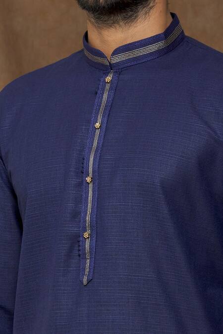Shop_Arihant Rai Sinha_Blue Linen, Cotton Embroidery Dark Straight Kurta_Online_at_Aza_Fashions