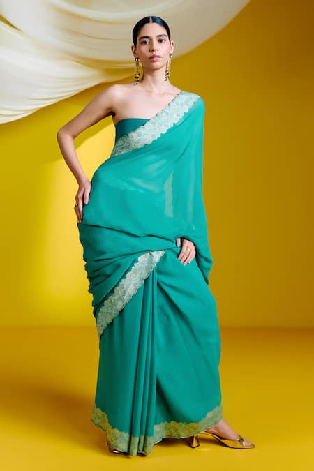 Shop_Ekaya Banaras_Green Georgette Scallop Border Woven Saree With Unstitched Blouse Piece _at_Aza_Fashions
