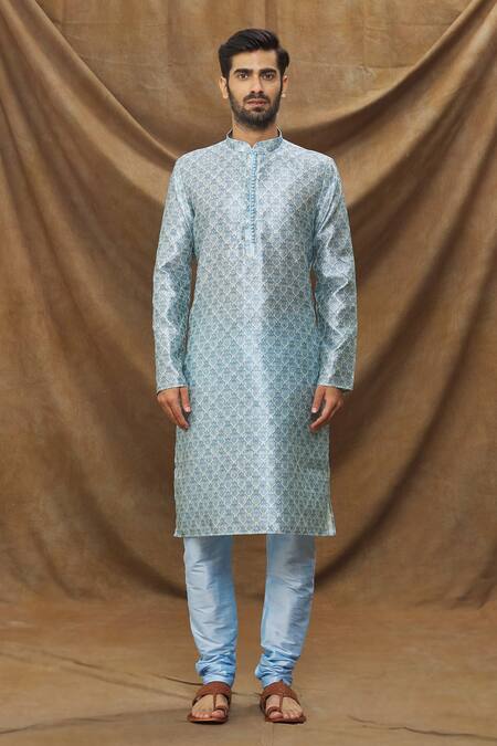 Arihant Rai Sinha Blue Jacquard, Silk Embroidery Mughal Pattern Kurta Online at Aza Fashions Arihant Rai Sinha_Blue Jacquard, Silk Embroidery Mughal Pattern Kurta_Online_at_Aza_Fashions