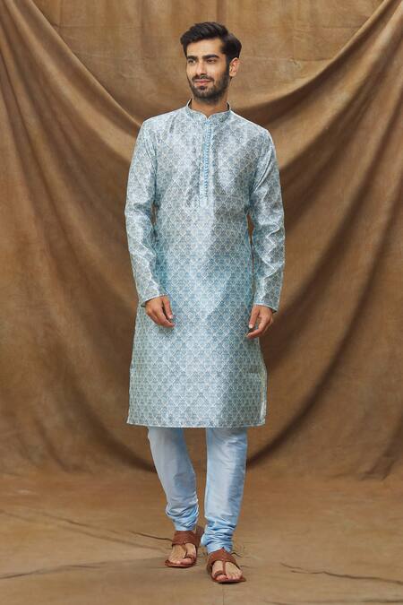 Buy Arihant Rai Sinha Blue Jacquard, Silk Embroidery Mughal Pattern Kurta Online at Aza Fashions Buy_Arihant Rai Sinha_Blue Jacquard, Silk Embroidery Mughal Pattern Kurta_Online_at_Aza_Fashions