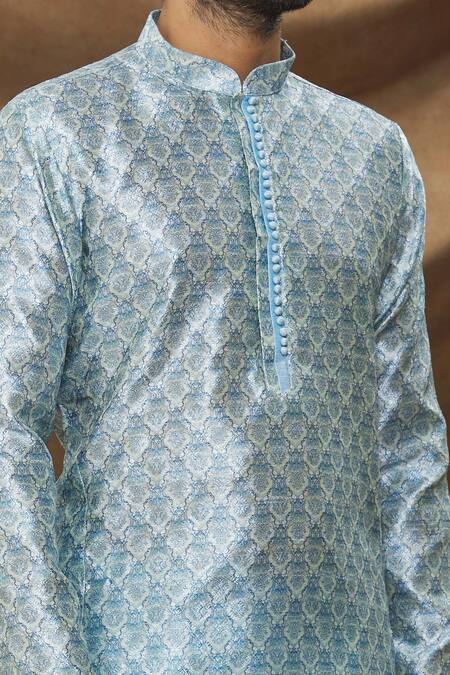 Shop Arihant Rai Sinha Blue Jacquard, Silk Embroidery Mughal Pattern Kurta Online at Aza Fashions Shop_Arihant Rai Sinha_Blue Jacquard, Silk Embroidery Mughal Pattern Kurta_Online_at_Aza_Fashions