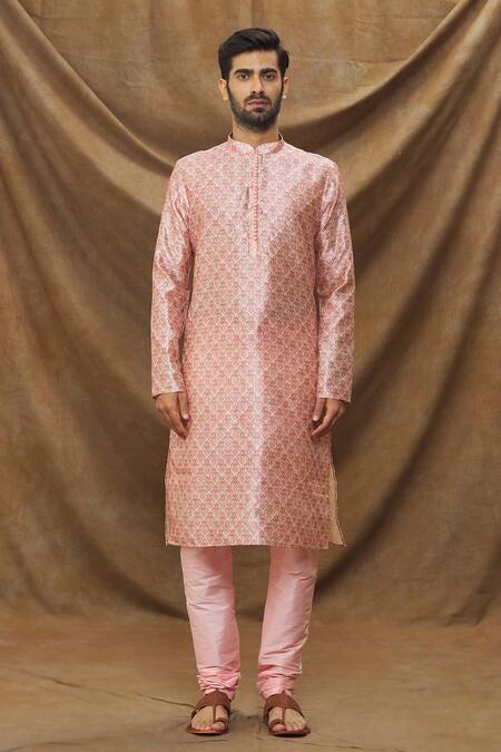 Arihant Rai Sinha_Pink Jacquard, Silk Embroidery Mughal Pattern Kurta _Online_at_Aza_Fashions