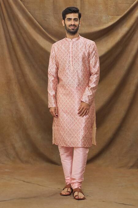 Buy_Arihant Rai Sinha_Pink Jacquard, Silk Embroidery Mughal Pattern Kurta _Online_at_Aza_Fashions