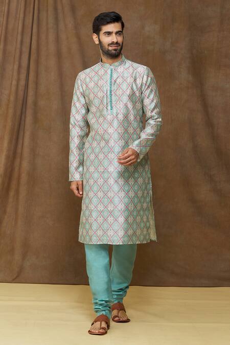 Buy_Arihant Rai Sinha_Blue Jacquard, , Chanderi Banarasi Geometric Pattern Kurta Set_Online_at_Aza_Fashions