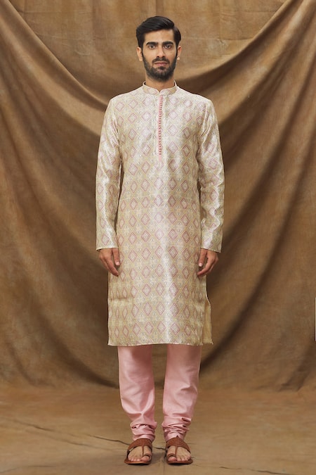 Arihant Rai Sinha Cream Jacquard, , Chanderi Embroidery Geometric Pattern Kurta Set Online at Aza Fashions Arihant Rai Sinha_Cream Jacquard, , Chanderi Embroidery Geometric Pattern Kurta Set _Online_at_Aza_Fashions