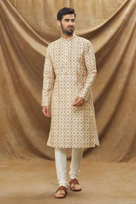 Shop Arihant Rai Sinha Yellow Jacquard, Silk, Chanderi Floral Pattern And Thread Work Kurta Set Online at Aza Fashions Shop_Arihant Rai Sinha_Yellow Jacquard, Silk, Chanderi Floral Pattern And Thread Work Kurta Set _Online_at_Aza_Fashions