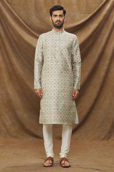 Arihant Rai Sinha_Green Jacquard, Silk Embroidery Thread Work Kurta _Online_at_Aza_Fashions