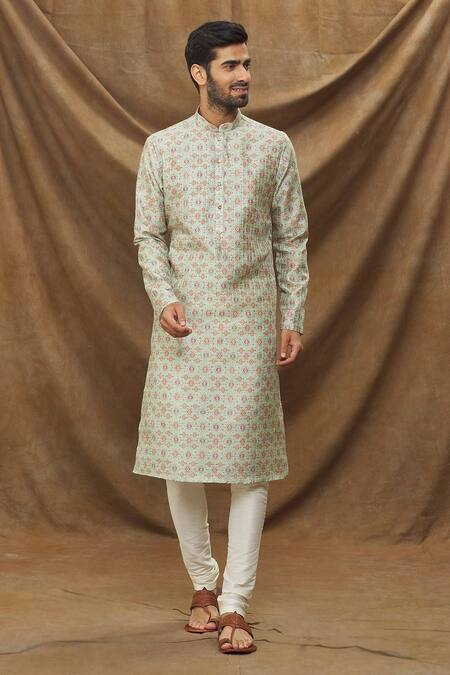 Buy_Arihant Rai Sinha_Green Jacquard, Silk Embroidery Thread Work Kurta _Online_at_Aza_Fashions