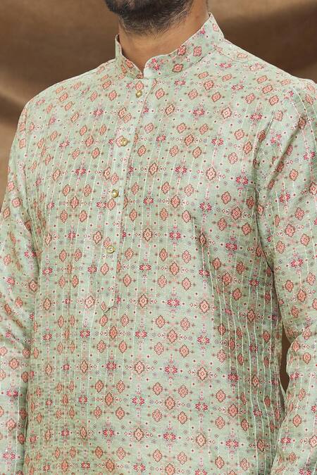 Shop_Arihant Rai Sinha_Green Jacquard, Silk Embroidery Thread Work Kurta _Online_at_Aza_Fashions