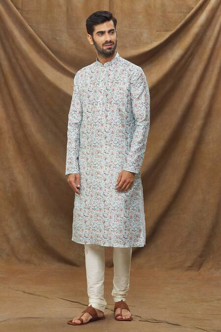 Shop Arihant Rai Sinha Blue Jacquard, Silk, Chanderi Embroidery Thread Work And Floral Pattern Kurta Set Online at Aza Fashions Shop_Arihant Rai Sinha_Blue Jacquard, Silk, Chanderi Embroidery Thread Work And Floral Pattern Kurta Set _Online_at_Aza_Fashions