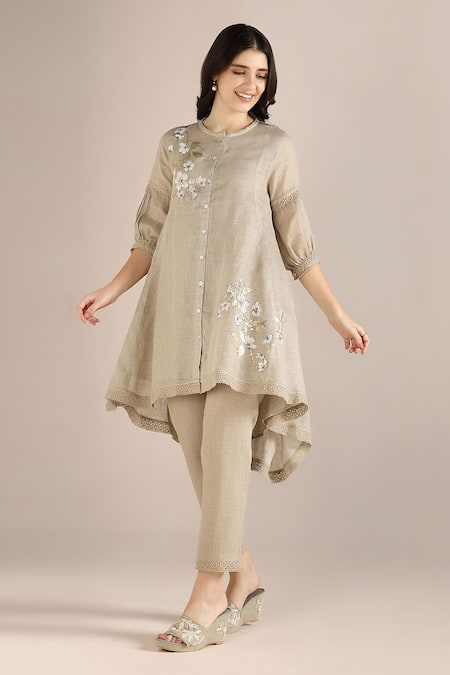 Kaveri_Beige Linen Lace, Embroidery, Foil Camelia Ice Cream Cone Kurta And Pant Set _Online_at_Aza_Fashions