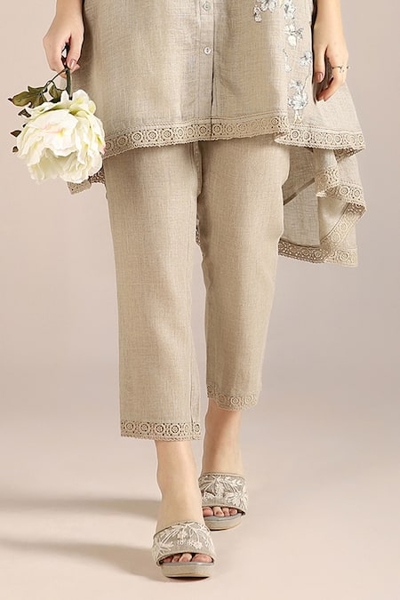 Buy_Kaveri_Beige Linen Lace, Embroidery, Foil Camelia Ice Cream Cone Kurta And Pant Set _Online_at_Aza_Fashions