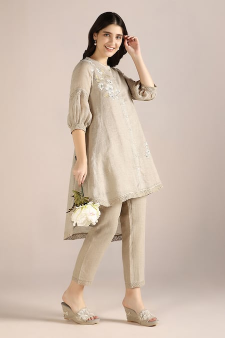 Shop_Kaveri_Beige Linen Lace, Embroidery, Foil Camelia Ice Cream Cone Kurta And Pant Set _Online_at_Aza_Fashions
