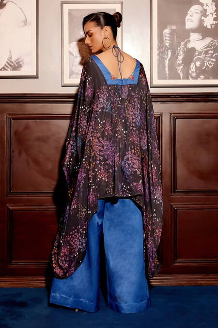 Shop Gauri Dhawan Black Sequins, Embroidery Halter Neck Floral Print Kaftan Jumpsuit at Aza Fashions Shop_Gauri Dhawan_Black Sequins, Embroidery Halter Neck Floral Print Kaftan Jumpsuit_at_Aza_Fashions