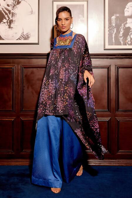 Gauri Dhawan Black Sequins, Embroidery Halter Neck Floral Print Kaftan Jumpsuit Online at Aza Fashions Gauri Dhawan_Black Sequins, Embroidery Halter Neck Floral Print Kaftan Jumpsuit_Online_at_Aza_Fashions