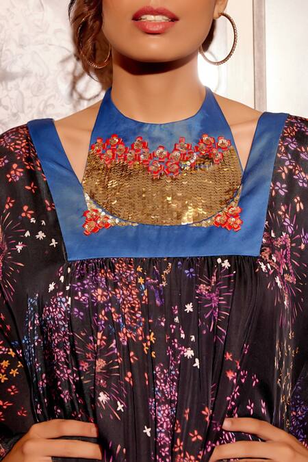 Buy Gauri Dhawan Black Sequins, Embroidery Halter Neck Floral Print Kaftan Jumpsuit Online at Aza Fashions Buy_Gauri Dhawan_Black Sequins, Embroidery Halter Neck Floral Print Kaftan Jumpsuit_Online_at_Aza_Fashions