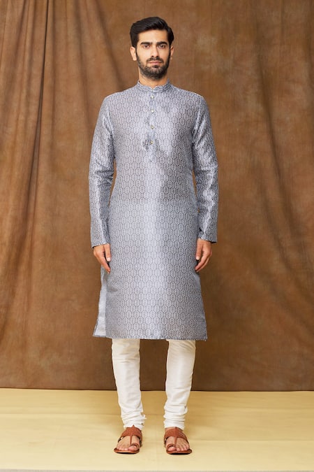 Arihant Rai Sinha_Grey Jacquard, Silk Geometric Pattern Kurta _Online_at_Aza_Fashions