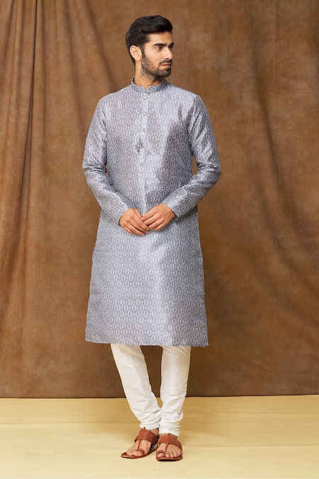 Buy_Arihant Rai Sinha_Grey Jacquard, Silk Geometric Pattern Kurta _Online_at_Aza_Fashions