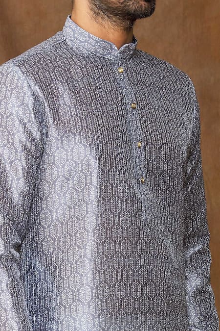 Shop_Arihant Rai Sinha_Grey Jacquard, Silk Geometric Pattern Kurta _Online_at_Aza_Fashions