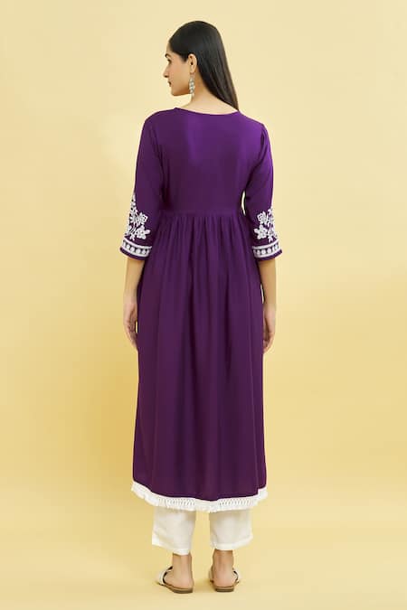 Shop Samyukta Singhania Purple Viscose Embroidery V-neck Floral Bloom Anarkali at Aza Fashions Shop_Samyukta Singhania_Purple Viscose Embroidery V-neck Floral Bloom Anarkali_at_Aza_Fashions