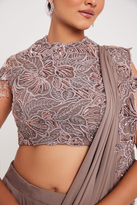 Buy_Chaashni By Maansi And Ketan_Brown Net, Floral Embroidered Border Draped Lehenga With Embellished Blouse _Online_at_Aza_Fashions