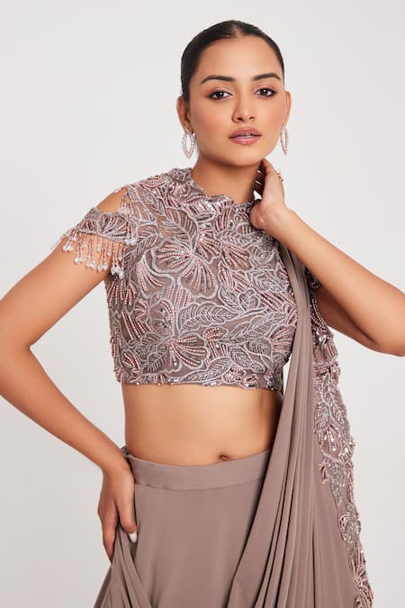 Chaashni By Maansi And Ketan_Brown Net, Floral Embroidered Border Draped Lehenga With Embellished Blouse _Online_at_Aza_Fashions