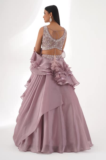 Shop Chaashni By Maansi And Ketan Purple Organza Sequins, Cut Draped Layered Lehenga Set With Embroidered Blouse at Aza Fashions Shop_Chaashni By Maansi And Ketan_Purple Organza Sequins, Cut Draped Layered Lehenga Set With Embroidered Blouse _at_Aza_Fashions