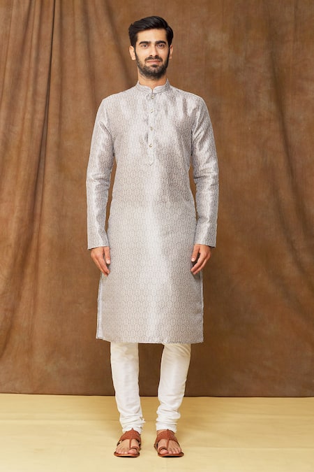 Buy Arihant Rai Sinha Grey Jacquard, Silk, Chanderi Geometric Pattern Kurta And Contrast Churidar Set Online at Aza Fashions Buy_Arihant Rai Sinha_Grey Jacquard, Silk, Chanderi Geometric Pattern Kurta And Contrast Churidar Set _Online_at_Aza_Fashions