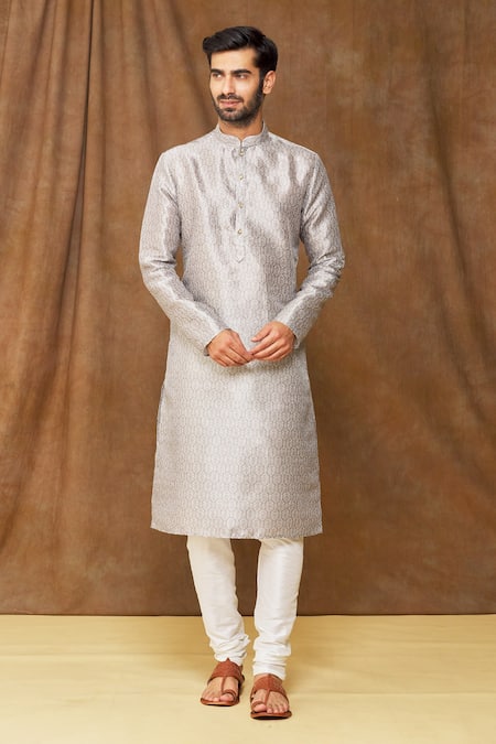 Shop Arihant Rai Sinha Grey Jacquard, Silk, Chanderi Geometric Pattern Kurta And Contrast Churidar Set Online at Aza Fashions Shop_Arihant Rai Sinha_Grey Jacquard, Silk, Chanderi Geometric Pattern Kurta And Contrast Churidar Set _Online_at_Aza_Fashions