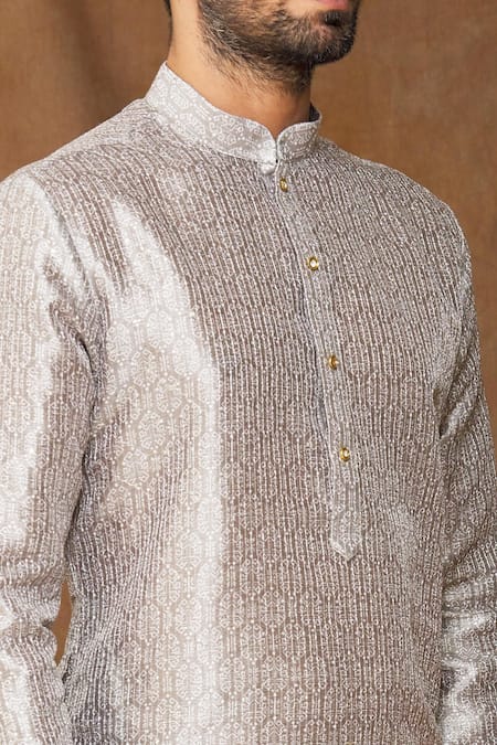Arihant Rai Sinha Grey Jacquard, Silk, Chanderi Geometric Pattern Kurta And Contrast Churidar Set at Aza Fashions Arihant Rai Sinha_Grey Jacquard, Silk, Chanderi Geometric Pattern Kurta And Contrast Churidar Set _at_Aza_Fashions