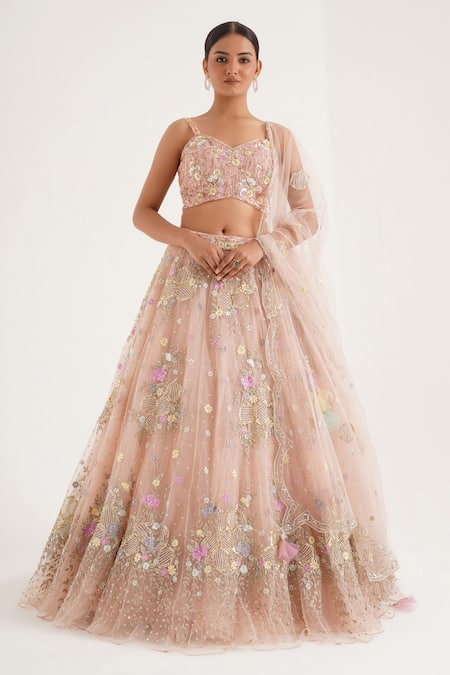 Chaashni by Maansi and Ketan Peach Net Embroidered Gota Sweetheart Resham Honeycomb Floral Lehenga Set 