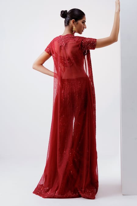 Shop Istya Red Net Sequins Scoop Neck Embroidered Jacket Pant Set at Aza Fashions Shop_Istya_Red Net Sequins Scoop Neck Embroidered Jacket Pant Set _at_Aza_Fashions