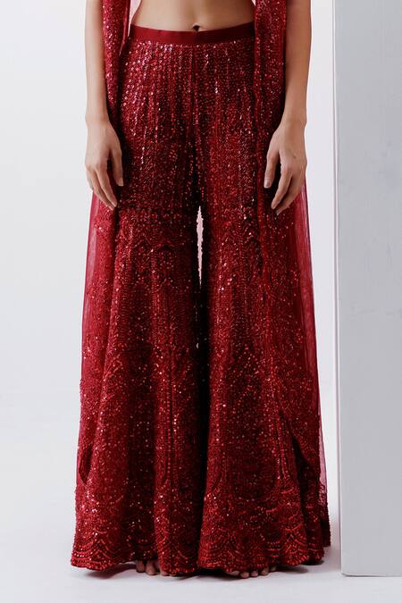 Istya Red Net Sequins Scoop Neck Embroidered Jacket Pant Set Online at Aza Fashions Istya_Red Net Sequins Scoop Neck Embroidered Jacket Pant Set _Online_at_Aza_Fashions
