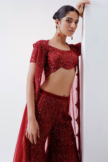 Buy Istya Red Net Sequins Scoop Neck Embroidered Jacket Pant Set Online at Aza Fashions Buy_Istya_Red Net Sequins Scoop Neck Embroidered Jacket Pant Set _Online_at_Aza_Fashions