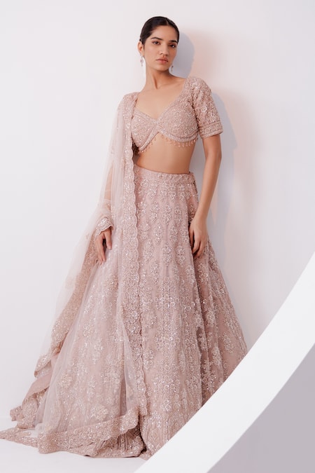 Shop Istya Peach Organza Beads, Embroidery V-neck Floral Sequin Bridal Lehenga Set at Aza Fashions Shop_Istya_Peach Organza Beads, Embroidery V-neck Floral Sequin Bridal Lehenga Set _at_Aza_Fashions