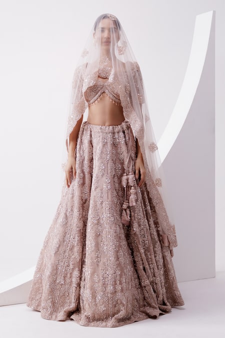 Buy Istya Peach Organza Beads, Embroidery V-neck Floral Sequin Bridal Lehenga Set Online at Aza Fashions Buy_Istya_Peach Organza Beads, Embroidery V-neck Floral Sequin Bridal Lehenga Set _Online_at_Aza_Fashions